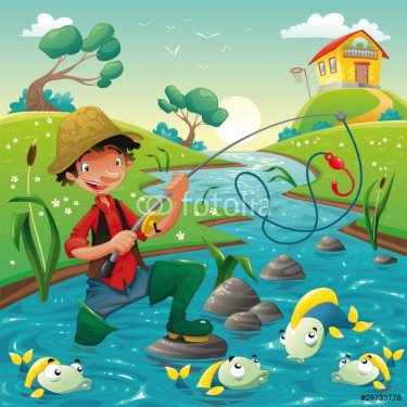 Fisherman and fish in the river. Vector scene.