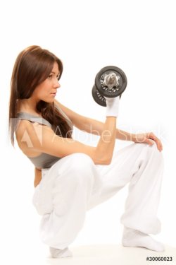 Fitness woman instructor weightlifting dumbbell - 900739831