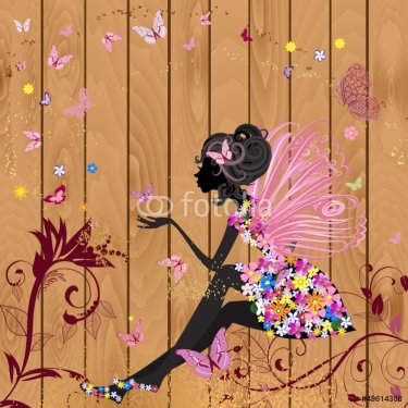 Flower Fairy on a wood texture for your design - 901138384