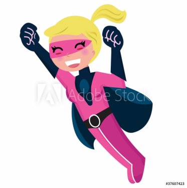 Flying pink cute superhero girl isolated on white