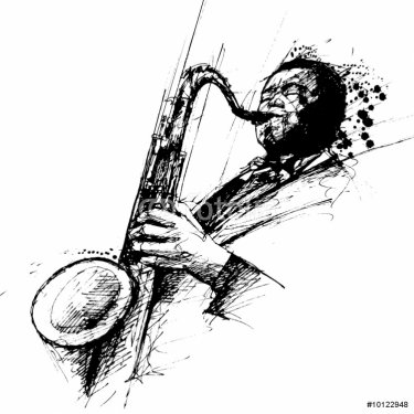 freehanding drawing of a jazz saxophonist - 900464081