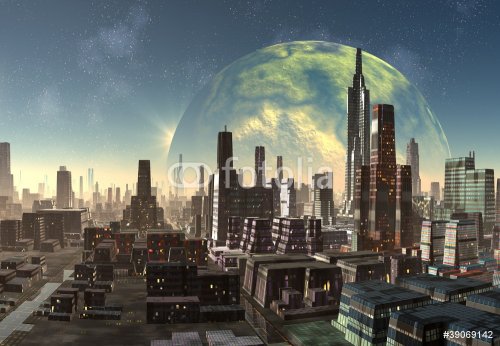 Futuristic Skyline from a city on an alien planet - 900462192