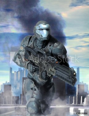 futuristic soldier armor at war