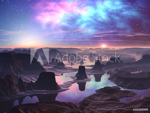 Gaseous Aurora over Mountainous Alien Landscape - 900462451