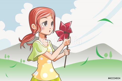 Girl blowing pinwheel - 900461351