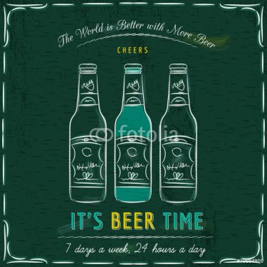 Green blackboard with three bottles of beer and text - 901147354