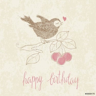 Greeting Birthday Card with Cute Bird and cake with candle - in - 900600991