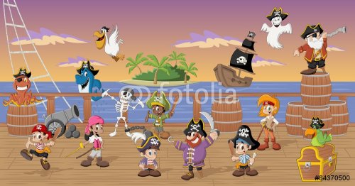 Group of cartoon pirates with funny animals on a decks of a ship - 901142383