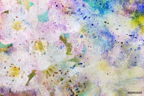 grunge messy watercolor splatter and white flowers - 901143031