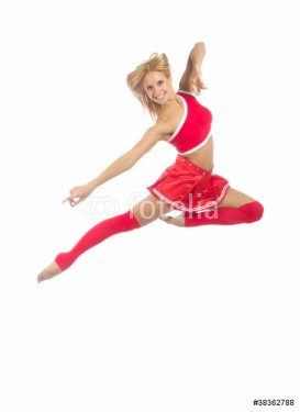 Happy female cheerleader dancer jumping - 900739832