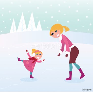 Ice skating girl with her mother on sport stadium. VECTOR - 900706076