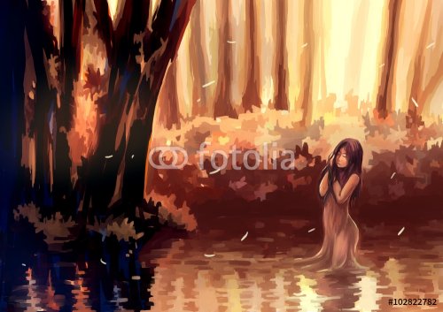 illustration digital painting girl in lake
