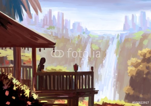 illustration digital painting waterfall view