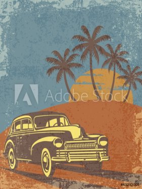 illustration of vintage car on the beach with palms and sunset - 900557847