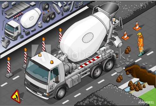 Isometric Cement Mixer Truck in Front View