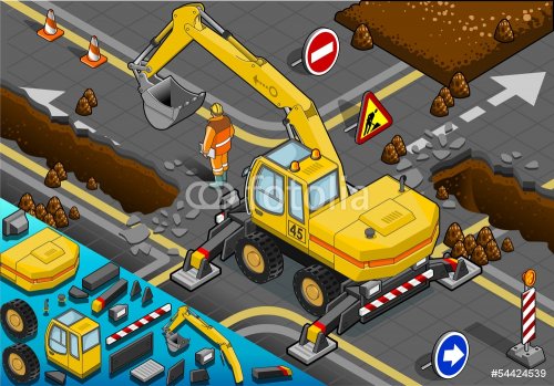 Isometric Yellow Excavator with Four Arms in Rear View