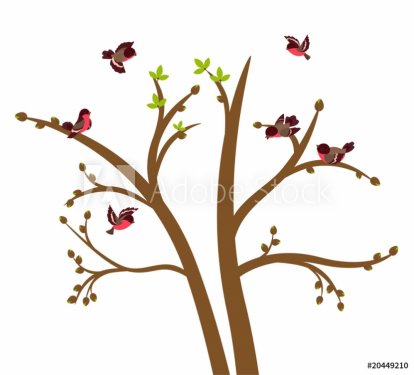 Little birds chirp on spring tree - 901145460