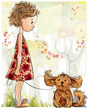 Little girl with puppy in the park. Vector illustration.