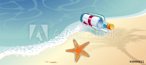 Mail in a glass bottle floating in the sea, and starfish. - 900557863
