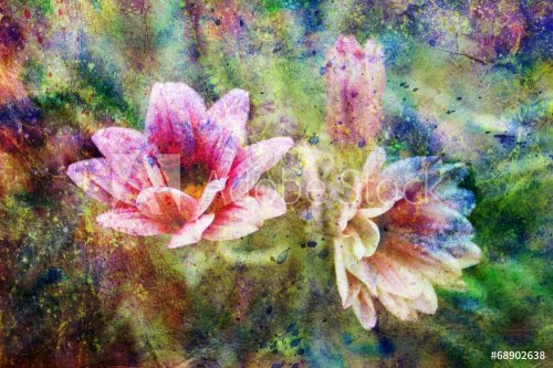 messy colorful watercolor splatter and beautiful pink flowers - 901143048