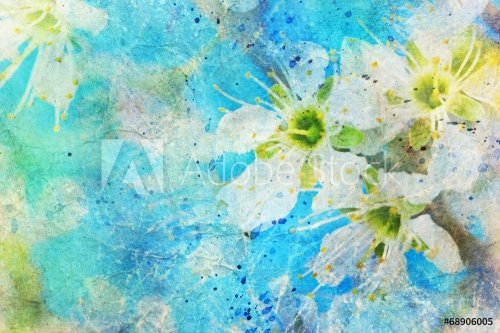 messy watercolor splatter and blooming spring twig - 901143022