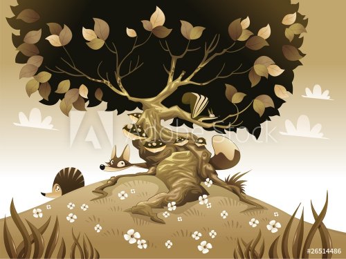 Monochrome landscape with animals. Vector illustration - 900455790