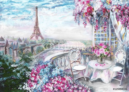 Oil Painting, summer cafe in Paris. gentle city landscape. View from above - 901148572