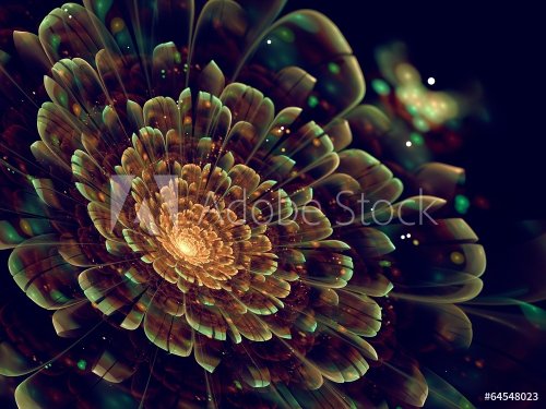 orange fractal flower with green details on petals, on black - 901142828