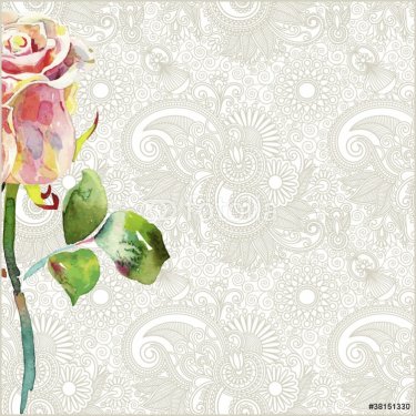 ornate floral pattern with pink watercolor rose - 900485315