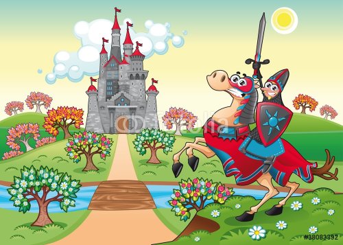 Panorama with medieval castle and knight. Vector illustration.