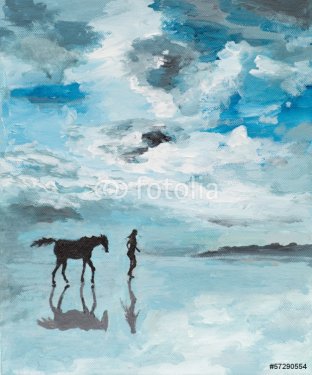 peaceful scene, man and horse running on water - 901143004
