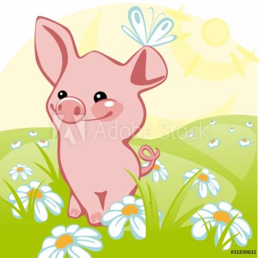 pig stands on a flower meadow
