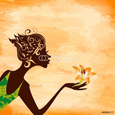 Profile of a girl with a flower on grunge background