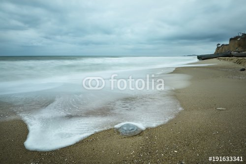 Quiet view of the sea coast. A gray, gloomy day, a wave running to the sand, ... - 901151175