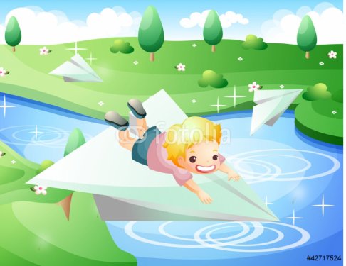 Representation of boy riding on paper airplane