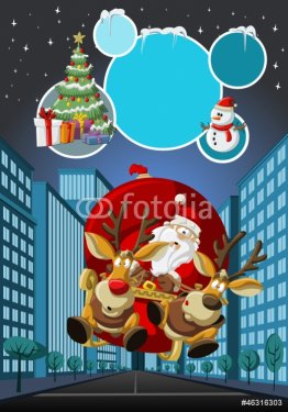 Santa Claus on sleigh with reindeer flying over city