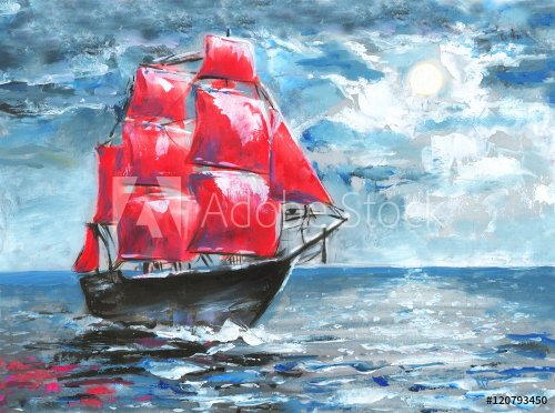 Scarlet sails, oil painting. Ship in ocean. Celebration in St. Petersburg, illustration on the novel