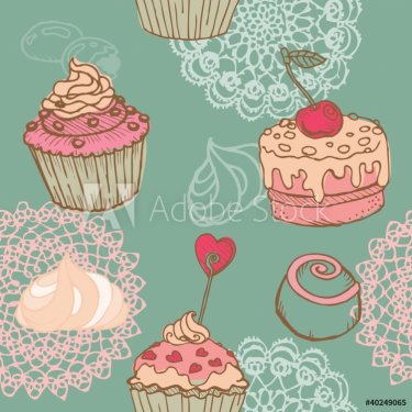 Seamless Background with Cakes, Sweets and Desserts - in vector