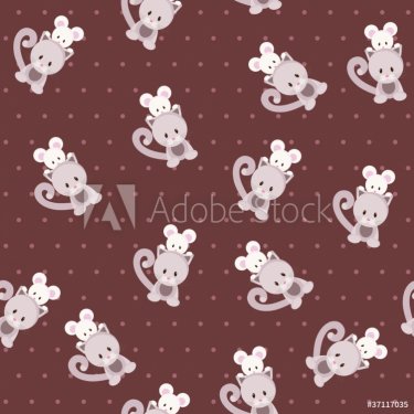 Seamless dotted wallpaper with cat and mouse