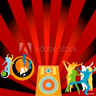 silhouettes dancing, ,loudspeaker, city and rays - 900461237
