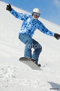Snowboarder balances when flies in jump on snowboard