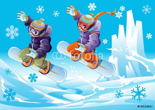 Snowboarding together. Cartoon and vector sport illustration. - 901140355