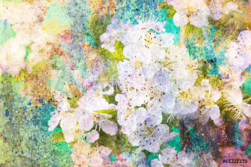 Spring white flowers and messy watercolor splashes - 901143037