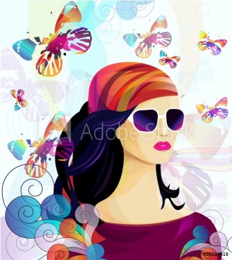 summer girl with  colored flying butterflies