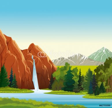 Summer landscape with waterfall, forest and mountains