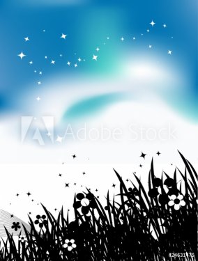 Summer meadow and birds in sky, black silhouette - 900459421