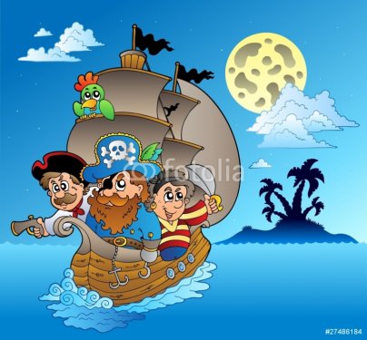 Three pirates and island silhouette