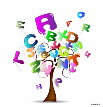 Tree with bright balloons in the shape of letters - 900452469
