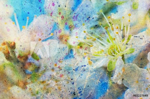 Twig with flowers and messy watercolor splashes - 901143026