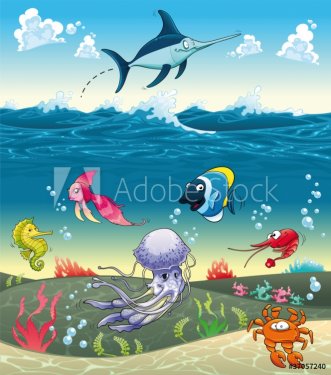 Under the sea with fish and other animals. Vector illustration